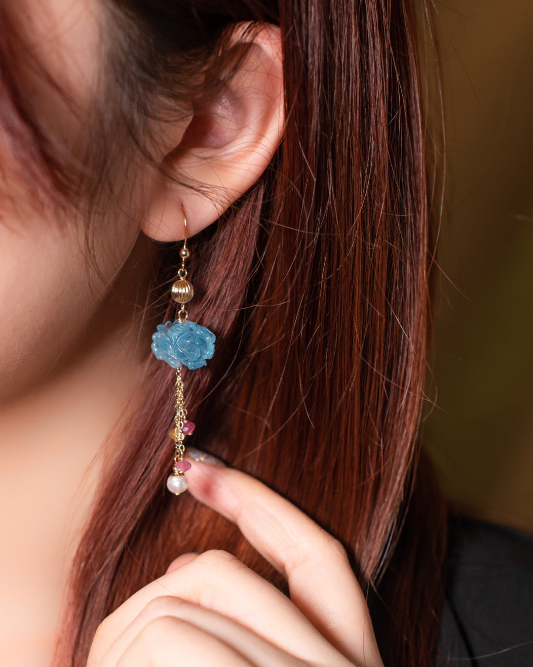 Natural Aquamarine & Bicolor Tourmaline Tassel Earrings | 14k Gold-Filled Chain