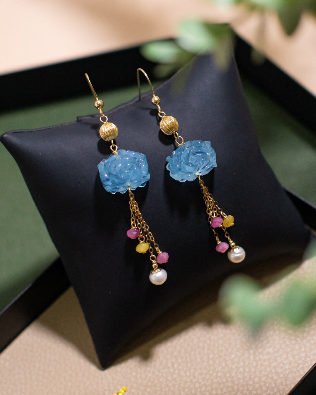 Natural Aquamarine & Bicolor Tourmaline Tassel Earrings | 14k Gold-Filled Chain