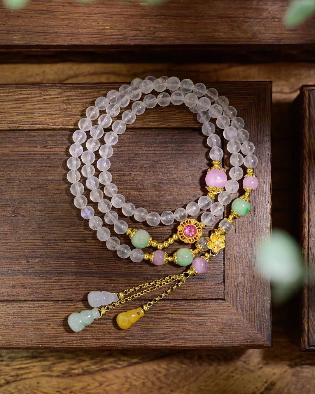 108-Bead Blue Moonstone Bracelet Necklace | Lepidolite & Gourd Pendant for Triple Protection