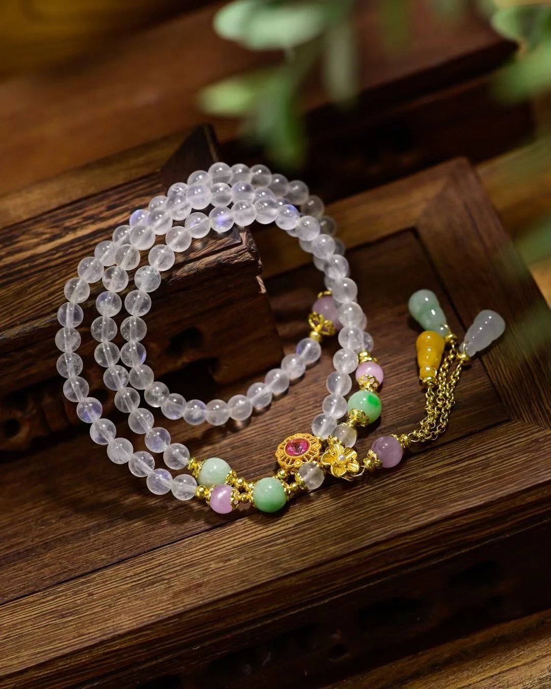 108-Bead Blue Moonstone Bracelet Necklace | Lepidolite & Gourd Pendant for Triple Protection