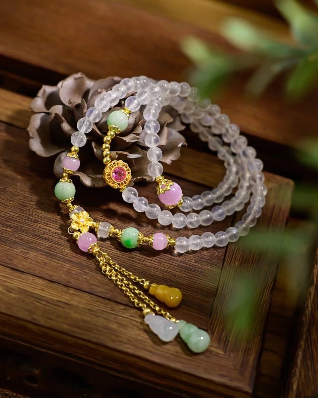 108-Bead Blue Moonstone Bracelet Necklace | Lepidolite & Gourd Pendant for Triple Protection