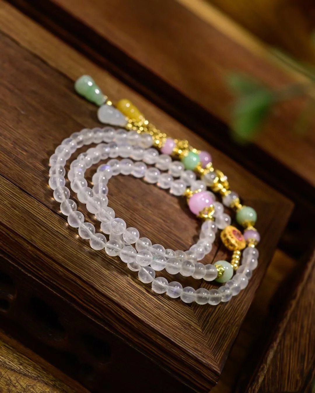 108-Bead Blue Moonstone Bracelet Necklace | Lepidolite & Gourd Pendant for Triple Protection