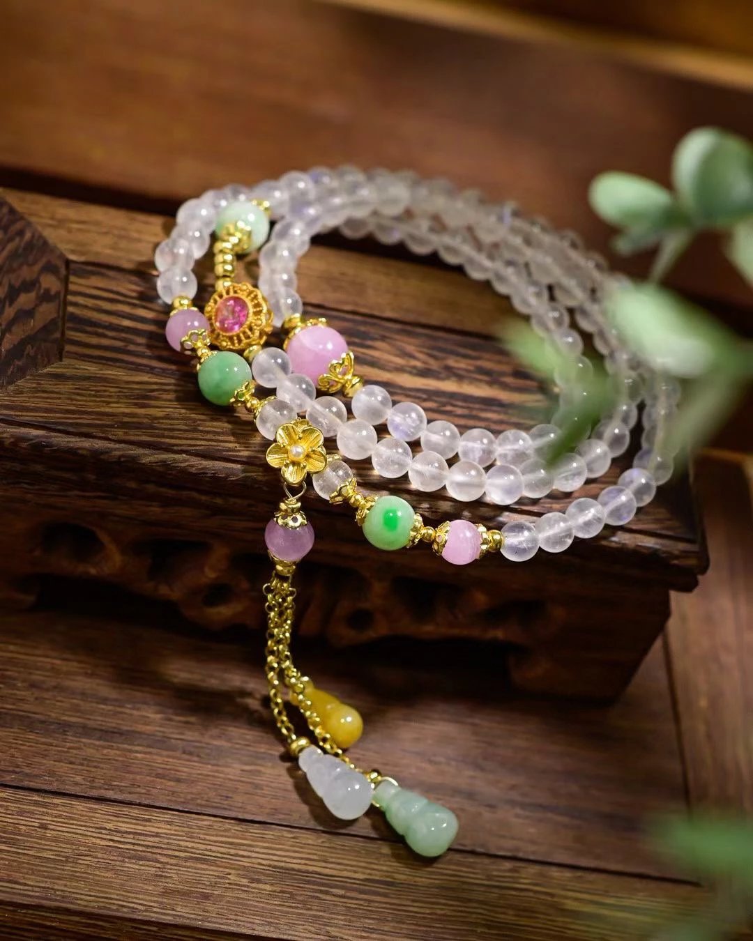 108-Bead Blue Moonstone Bracelet Necklace | Lepidolite & Gourd Pendant for Triple Protection