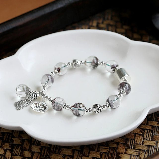 Panya Crystal 925 Silver Series | Green Phantom Quartz Tassel Bracelet with Lotus Leaf