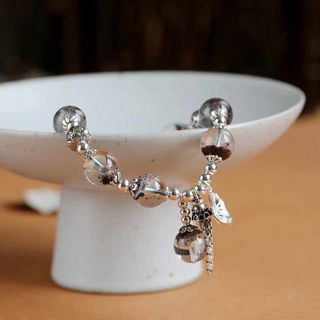 Panya Crystal 925 Silver Series | Green Phantom Quartz Tassel Bracelet with Lotus Leaf