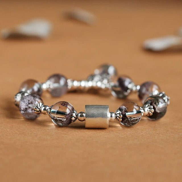 Panya Crystal 925 Silver Series | Green Phantom Quartz Tassel Bracelet with Lotus Leaf