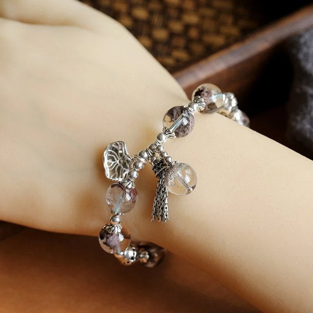 Panya Crystal 925 Silver Series | Green Phantom Quartz Tassel Bracelet with Lotus Leaf