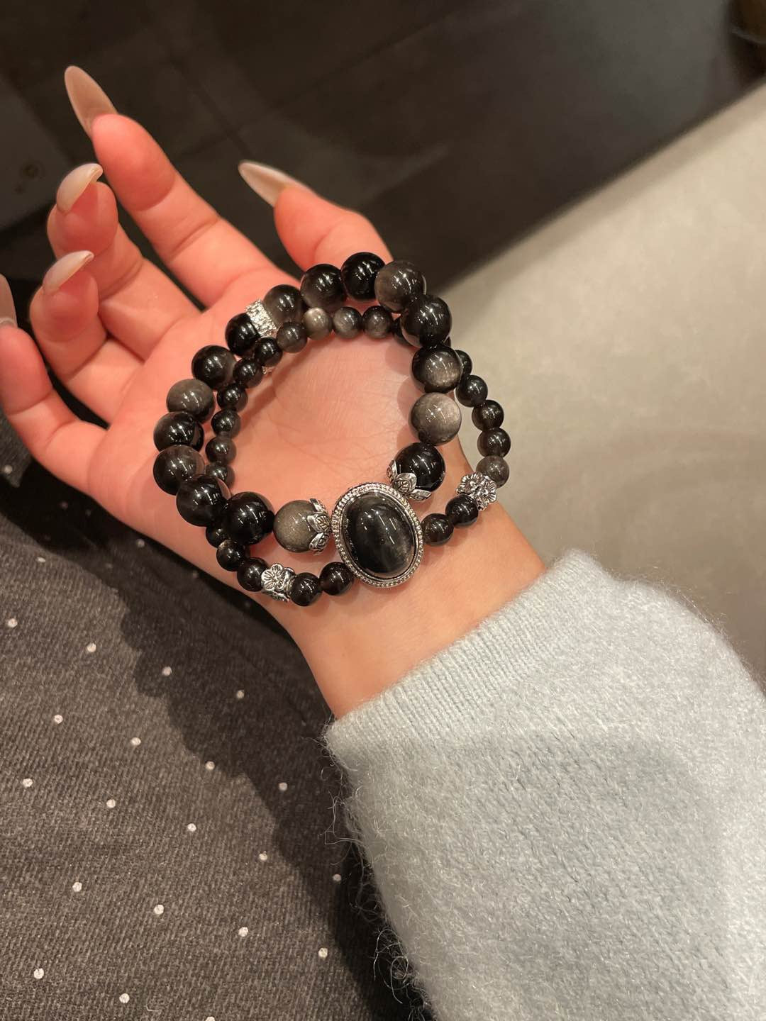 Double-Layer Silver Obsidian Bracelet | 10mm & 6mm Beads