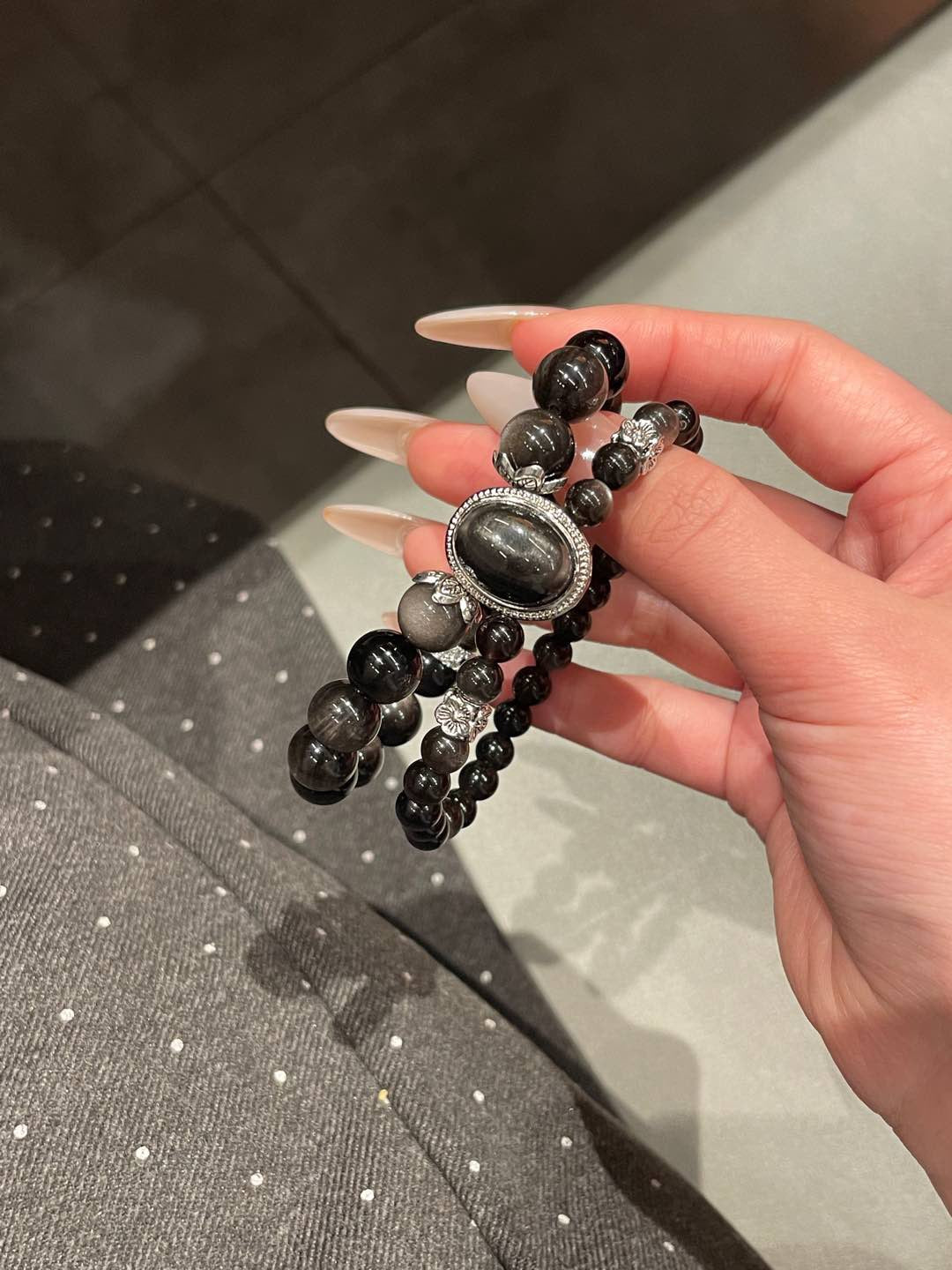 Double-Layer Silver Obsidian Bracelet | 10mm & 6mm Beads
