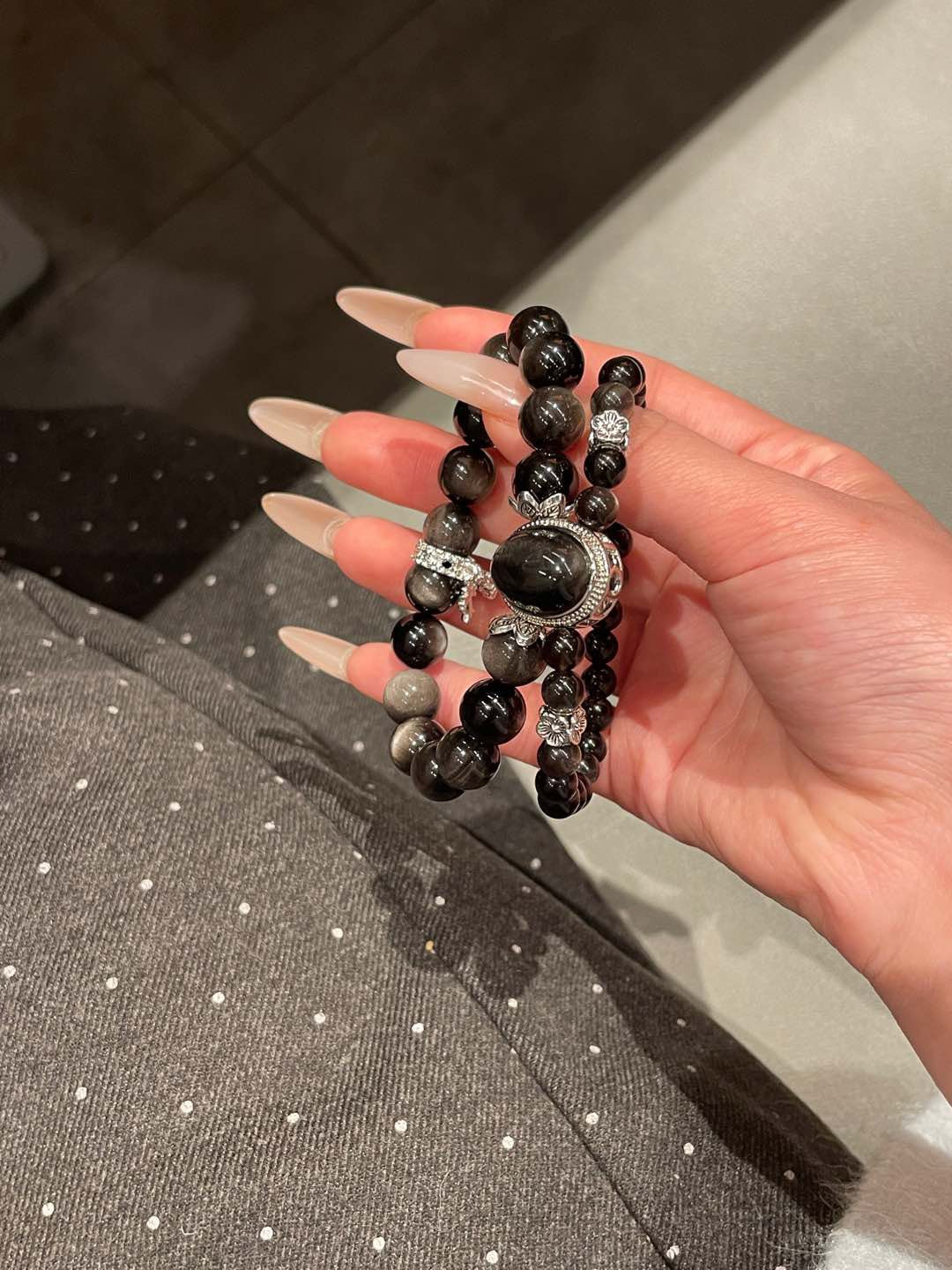 Double-Layer Silver Obsidian Bracelet | 10mm & 6mm Beads