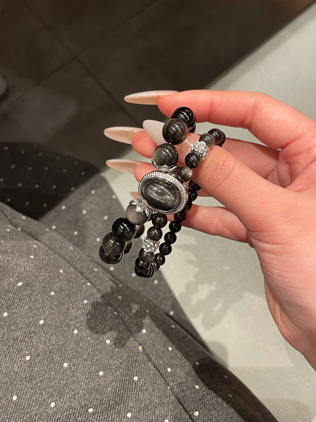 Double-Layer Silver Obsidian Bracelet | 10mm & 6mm Beads