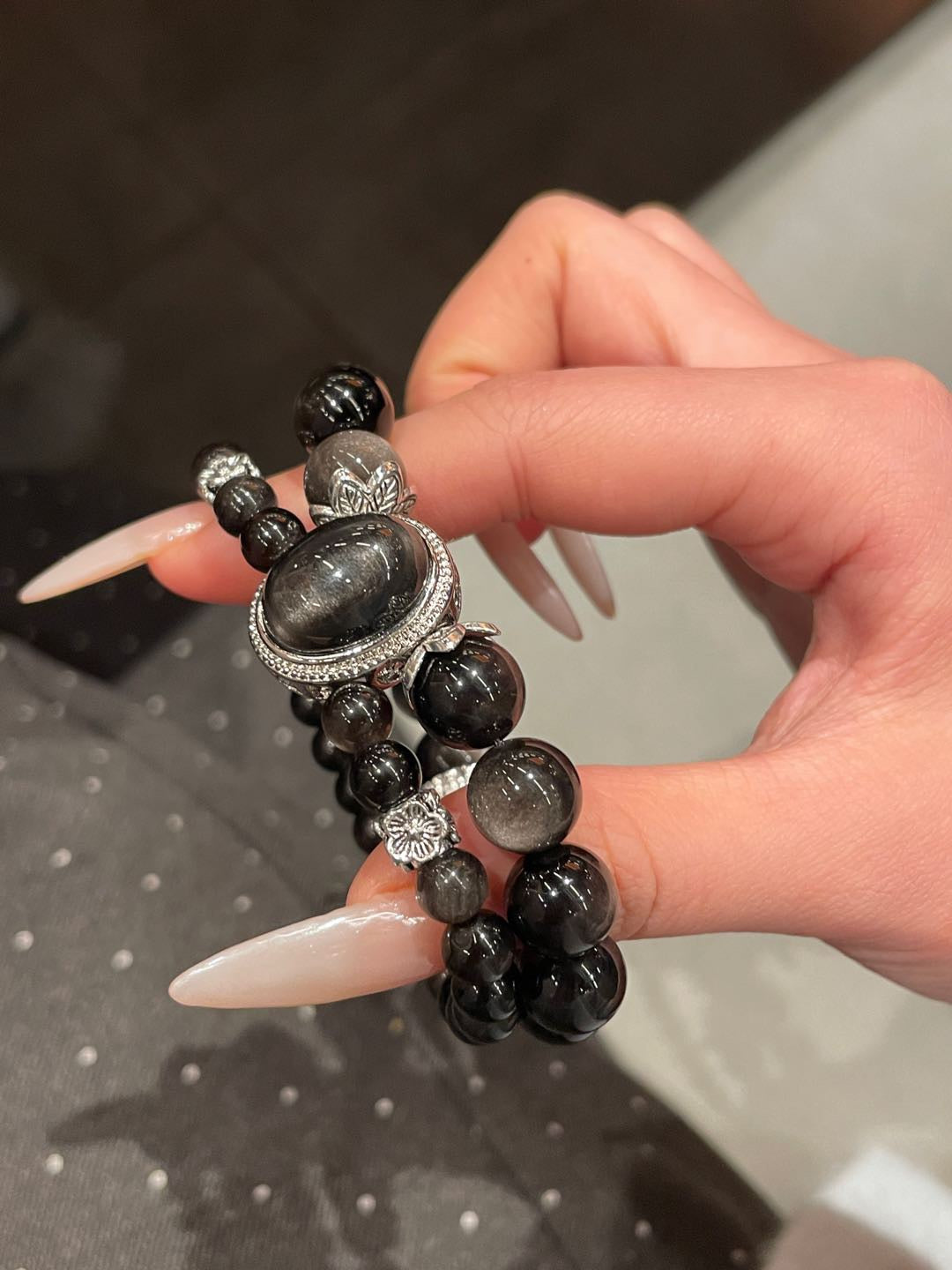 Double-Layer Silver Obsidian Bracelet | 10mm & 6mm Beads