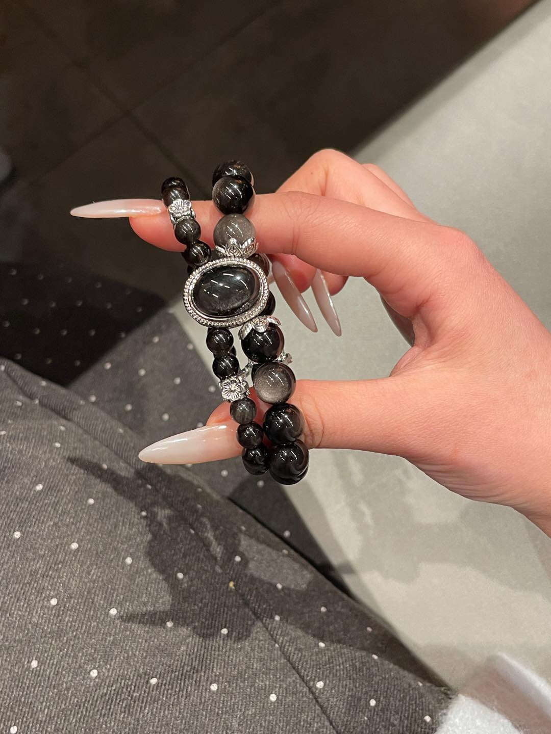 Double-Layer Silver Obsidian Bracelet | 10mm & 6mm Beads