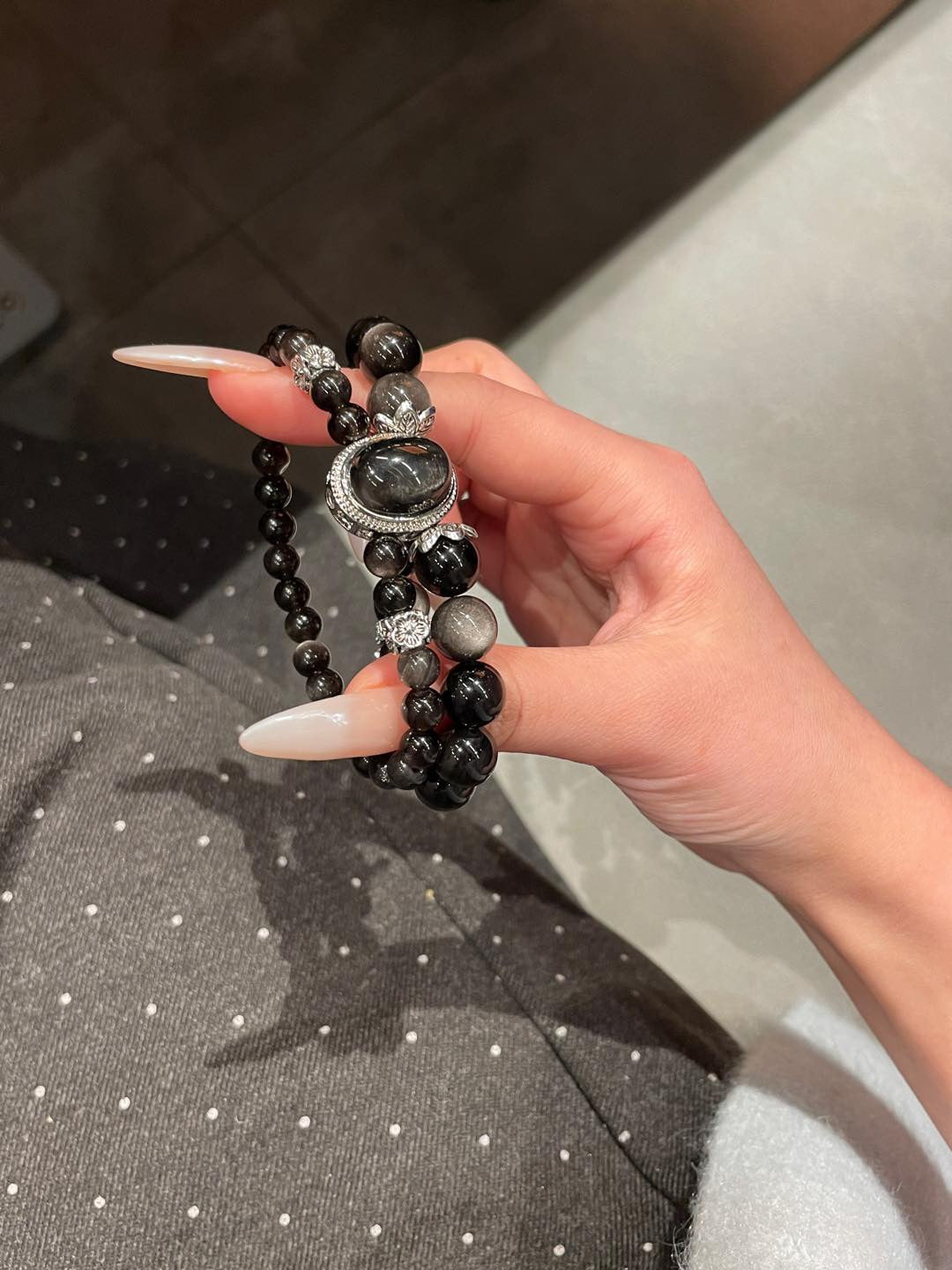 Double-Layer Silver Obsidian Bracelet | 10mm & 6mm Beads