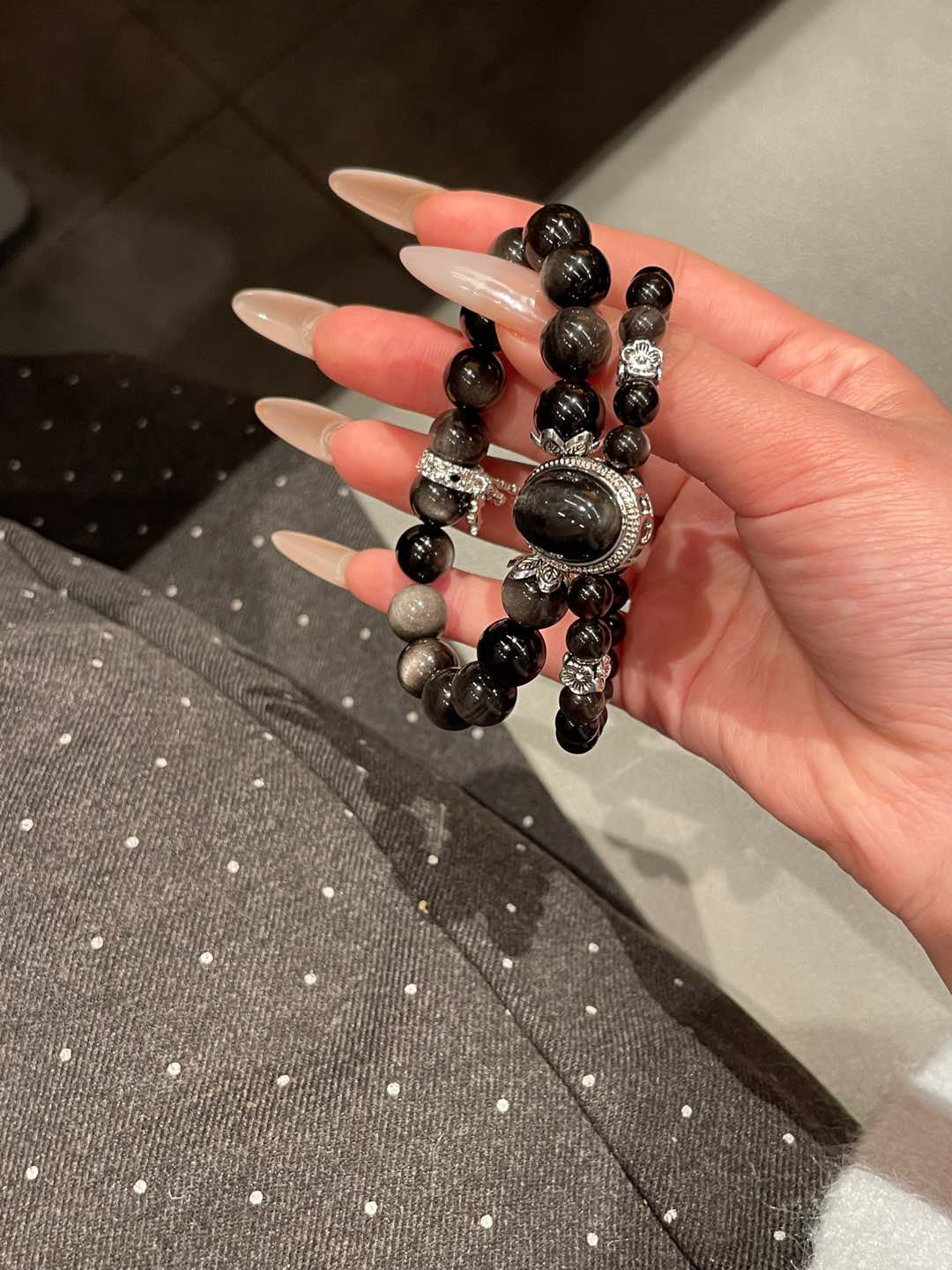 Double-Layer Silver Obsidian Bracelet | 10mm & 6mm Beads