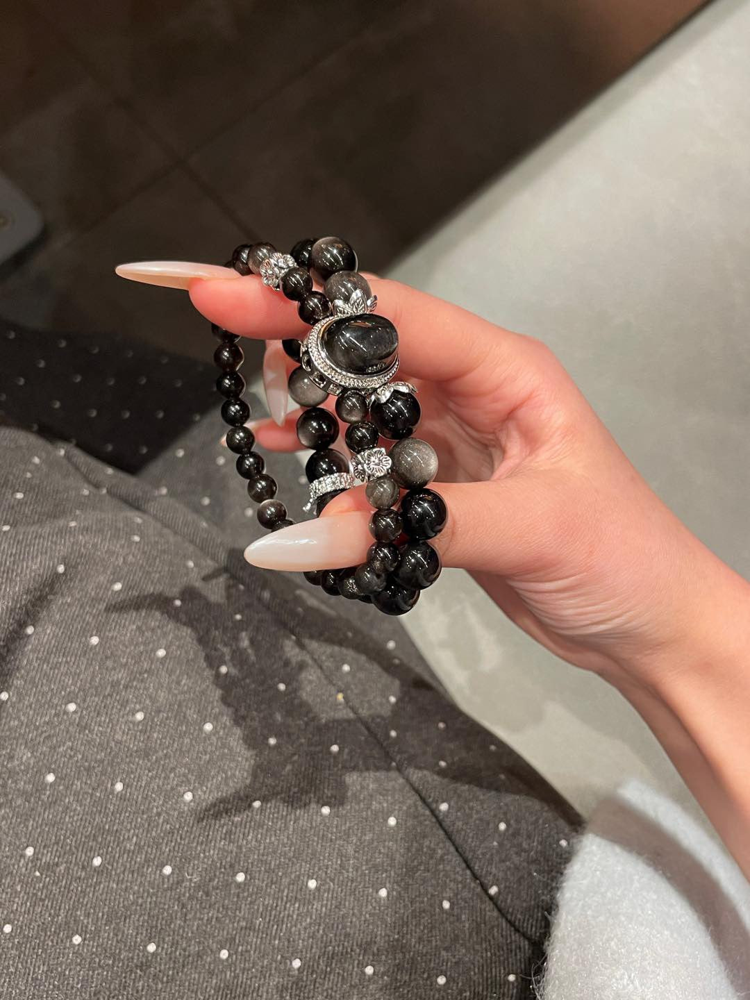 Double-Layer Silver Obsidian Bracelet | 10mm & 6mm Beads