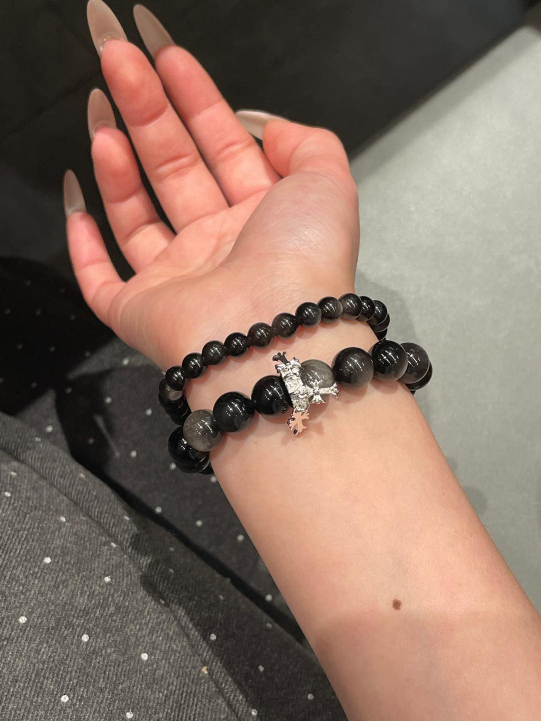 Double-Layer Silver Obsidian Bracelet | 10mm & 6mm Beads