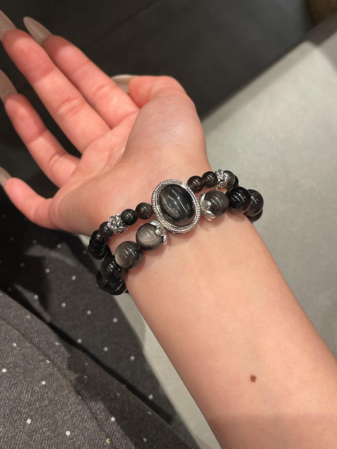 Double-Layer Silver Obsidian Bracelet | 10mm & 6mm Beads