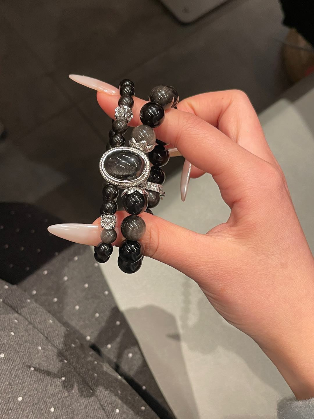 Double-Layer Silver Obsidian Bracelet | 10mm & 6mm Beads