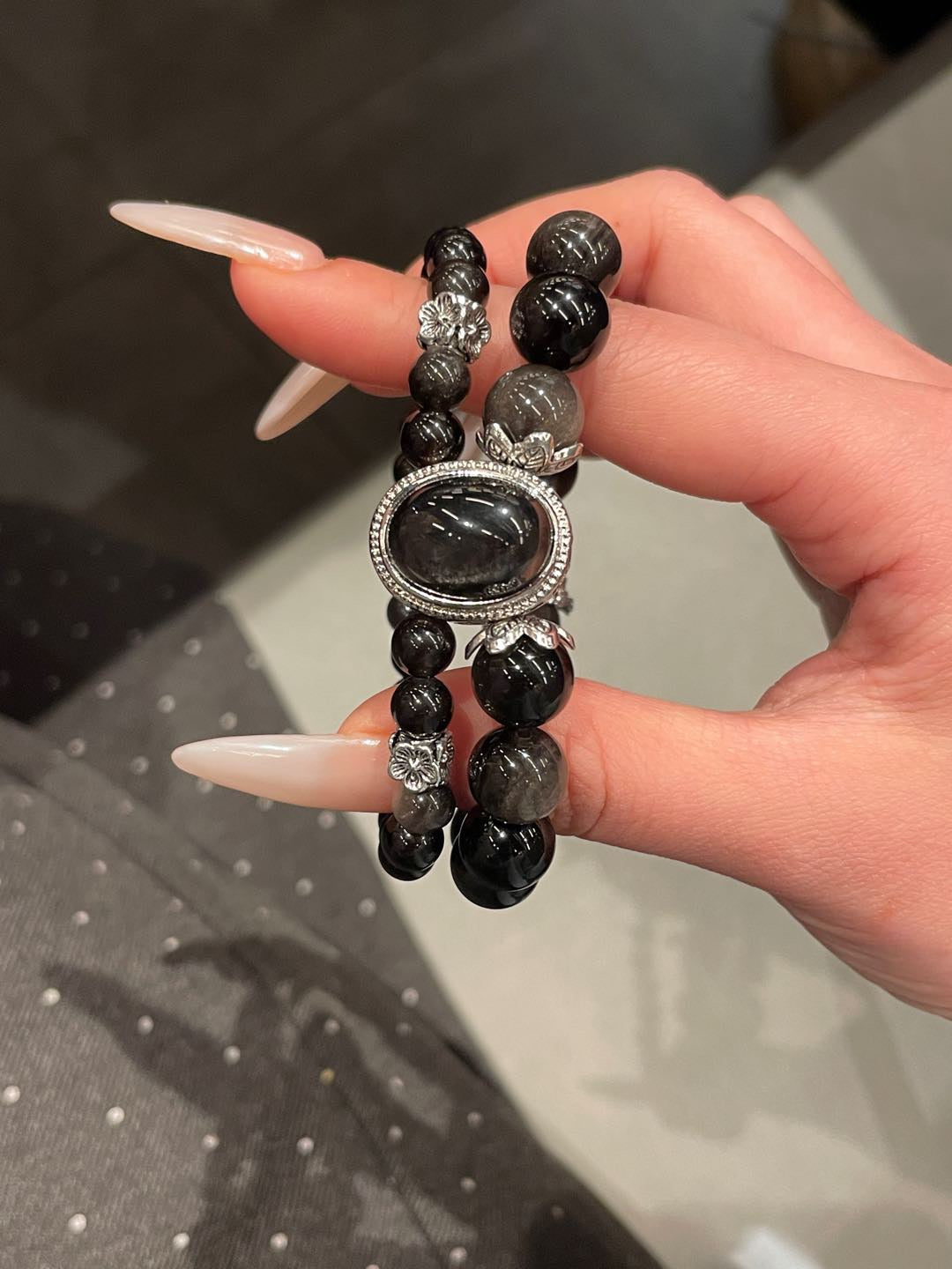 Double-Layer Silver Obsidian Bracelet | 10mm & 6mm Beads