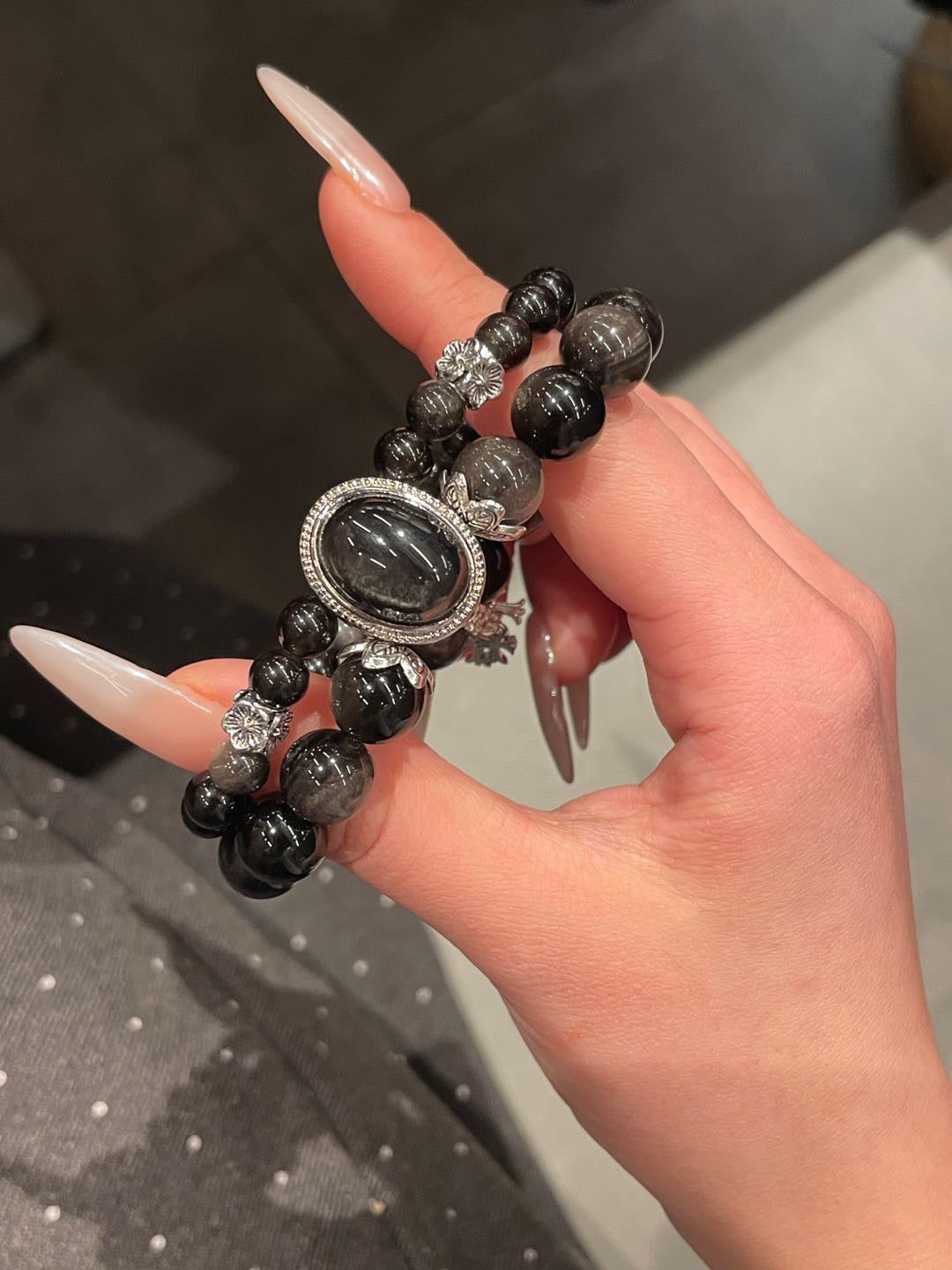 Double-Layer Silver Obsidian Bracelet | 10mm & 6mm Beads