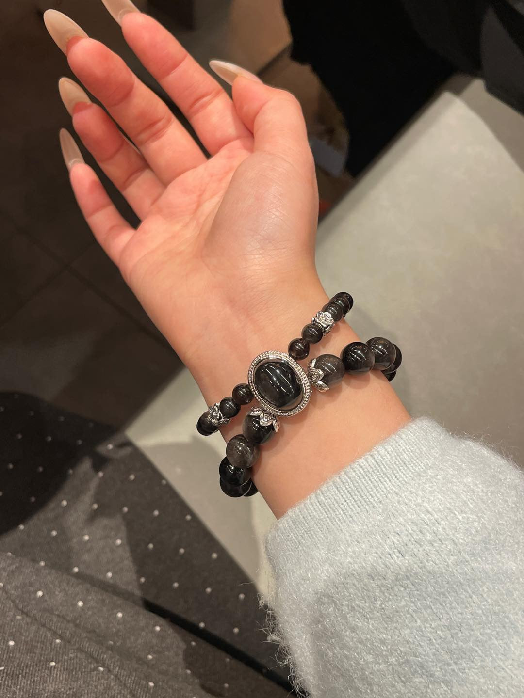Double-Layer Silver Obsidian Bracelet | 10mm & 6mm Beads