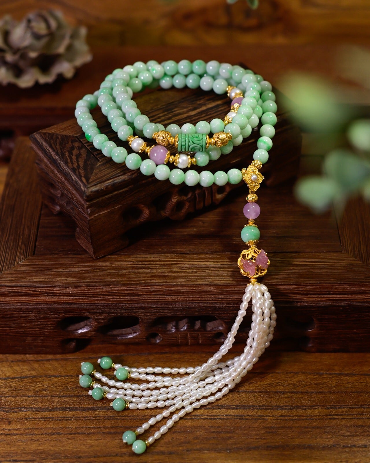 Natural Grade A Jadeite 108-Bead 4-Layer Bracelet Necklace | Green Jade with Lepidolite, Pearl & Detachable Tassel
