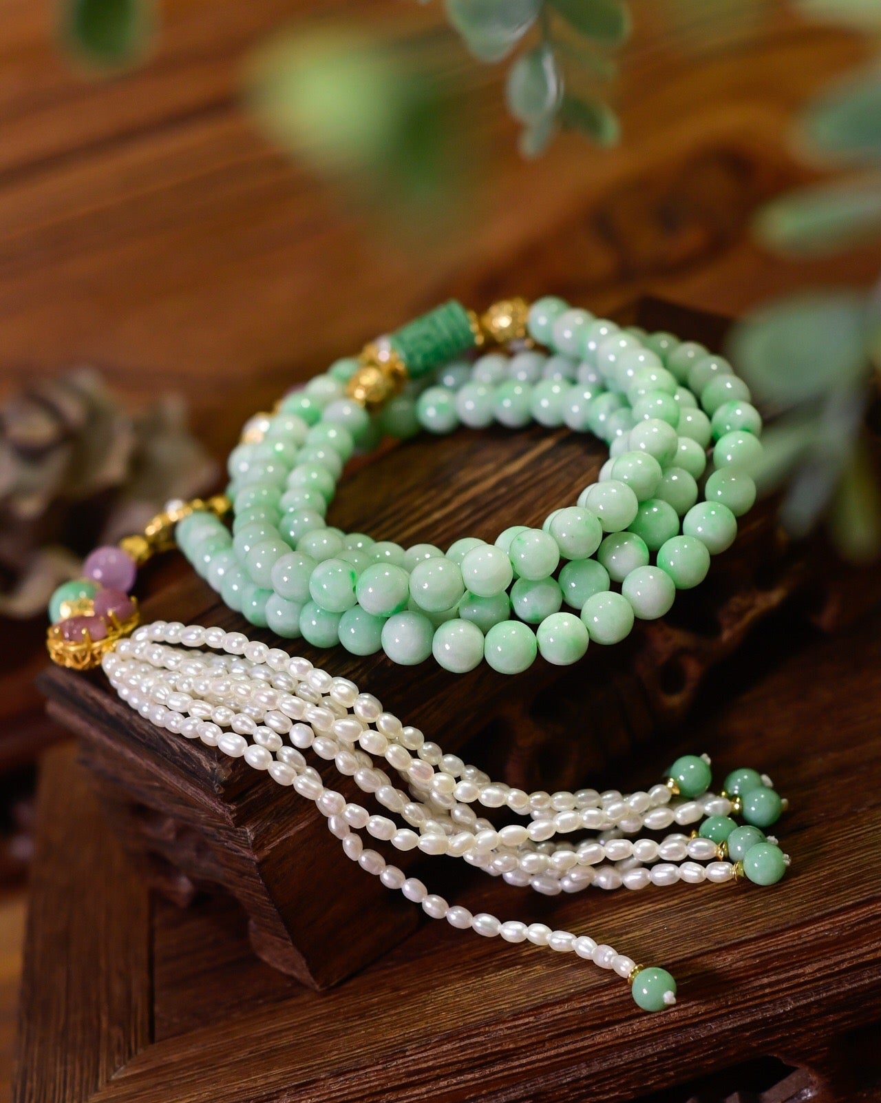 Natural Grade A Jadeite 108-Bead 4-Layer Bracelet Necklace | Green Jade with Lepidolite, Pearl & Detachable Tassel