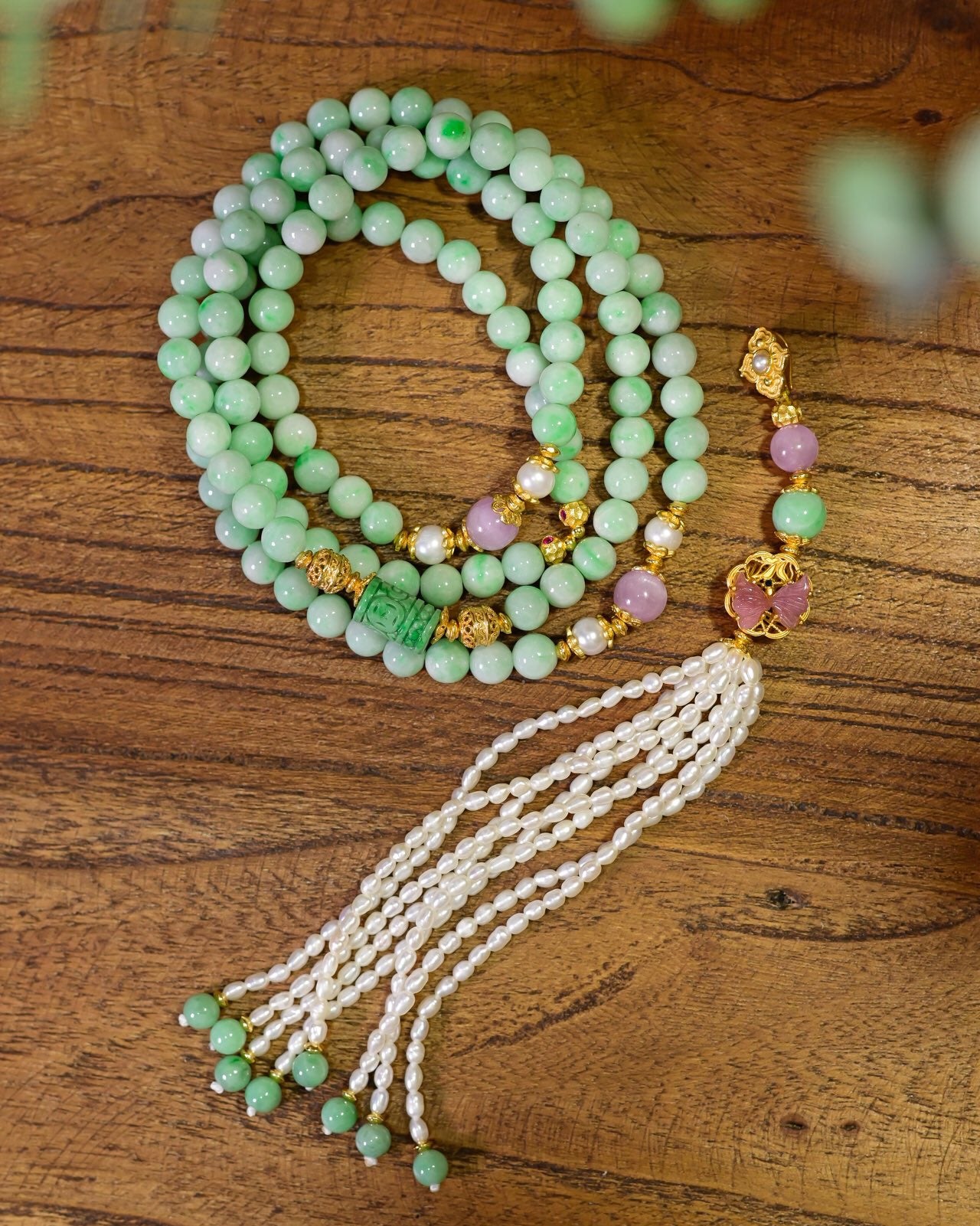 Natural Grade A Jadeite 108-Bead 4-Layer Bracelet Necklace | Green Jade with Lepidolite, Pearl & Detachable Tassel