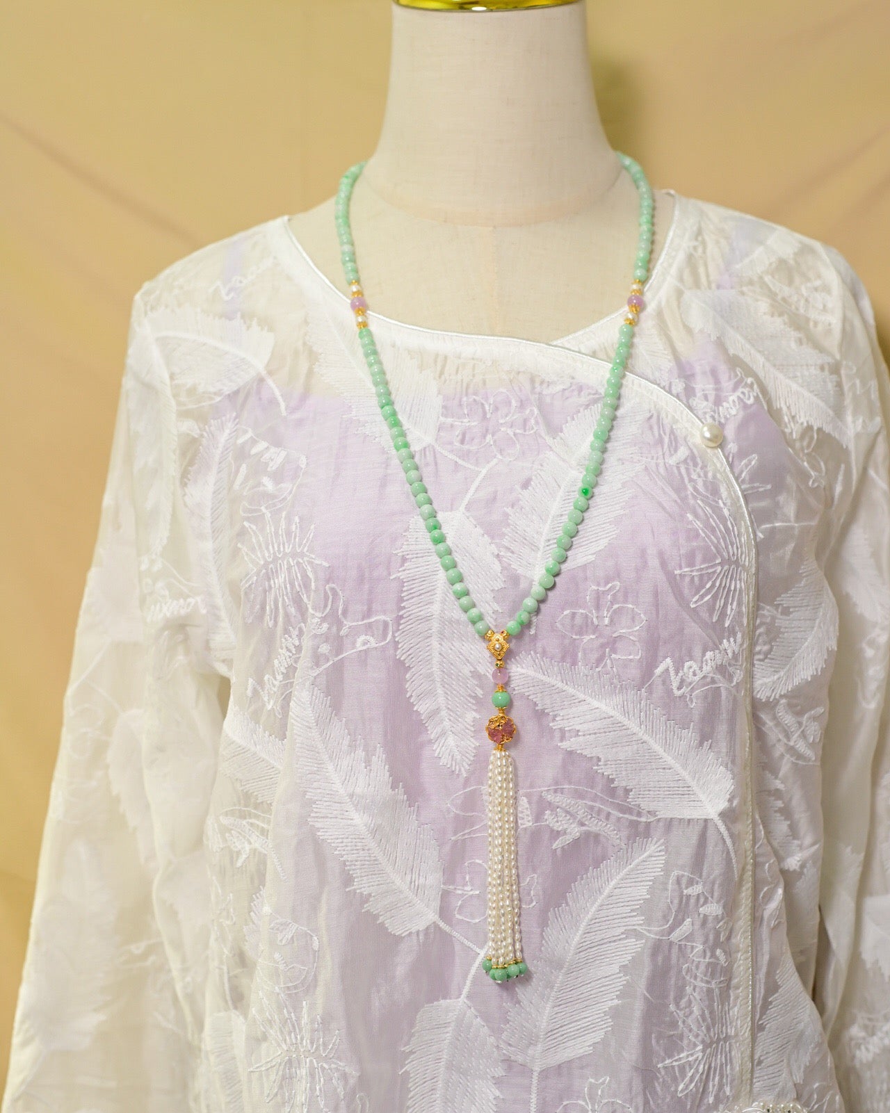 Natural Grade A Jadeite 108-Bead 4-Layer Bracelet Necklace | Green Jade with Lepidolite, Pearl & Detachable Tassel