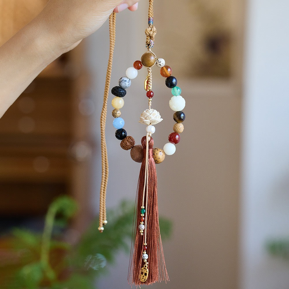 Temple-Style 18 Bodhi Bead Pendant · Multigem Buddhist Car Rosary with Gift Box