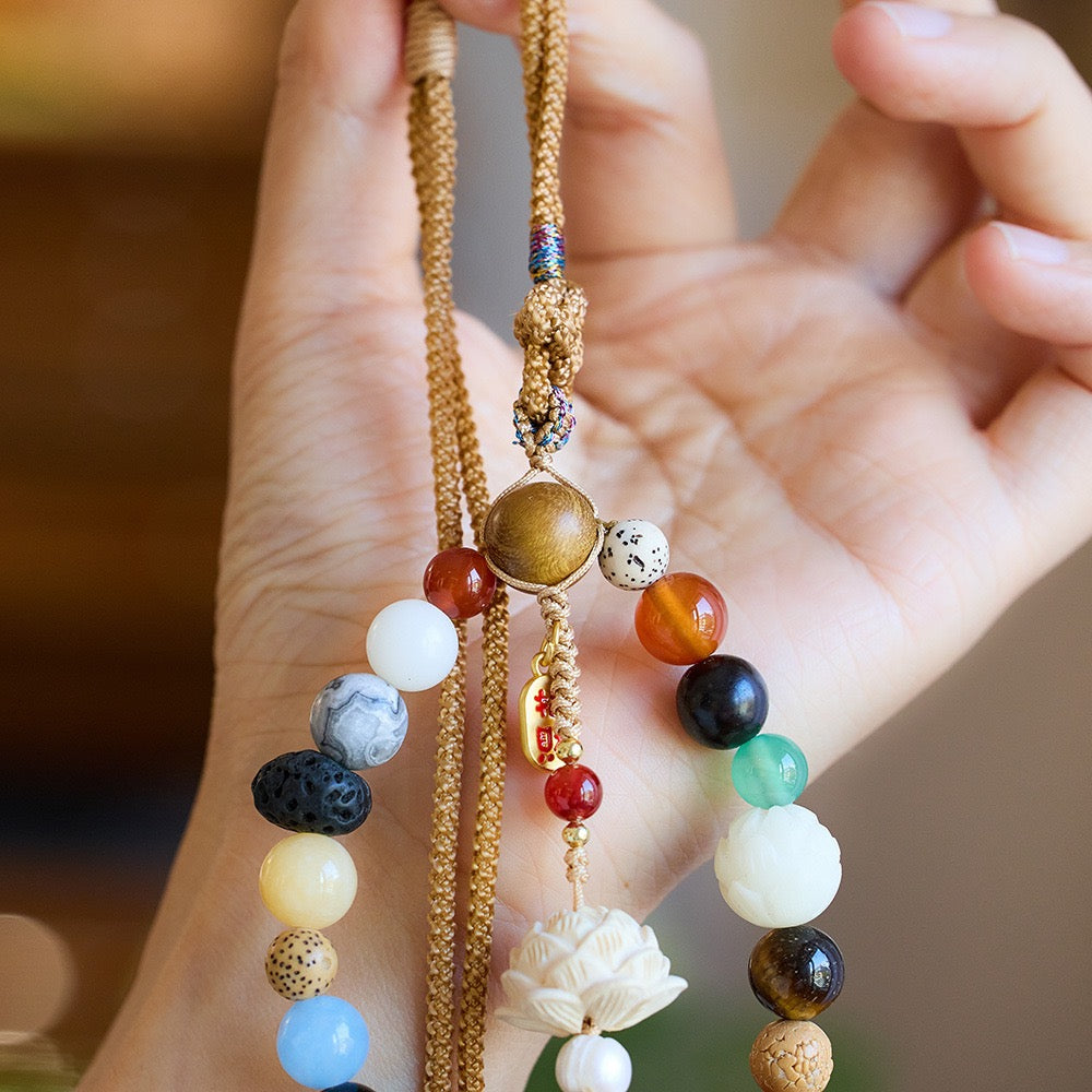Temple-Style 18 Bodhi Bead Pendant · Multigem Buddhist Car Rosary with Gift Box