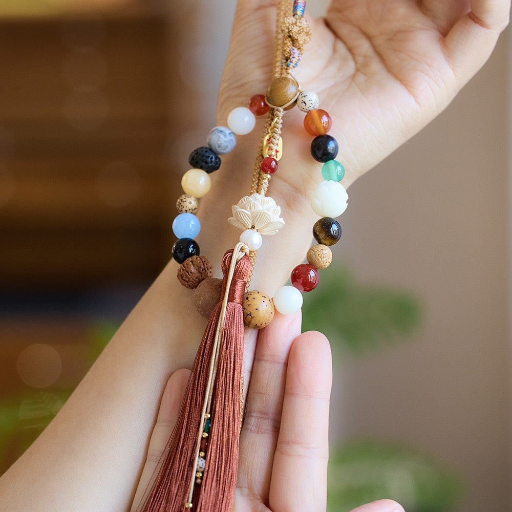 Temple-Style 18 Bodhi Bead Pendant · Multigem Buddhist Car Rosary with Gift Box