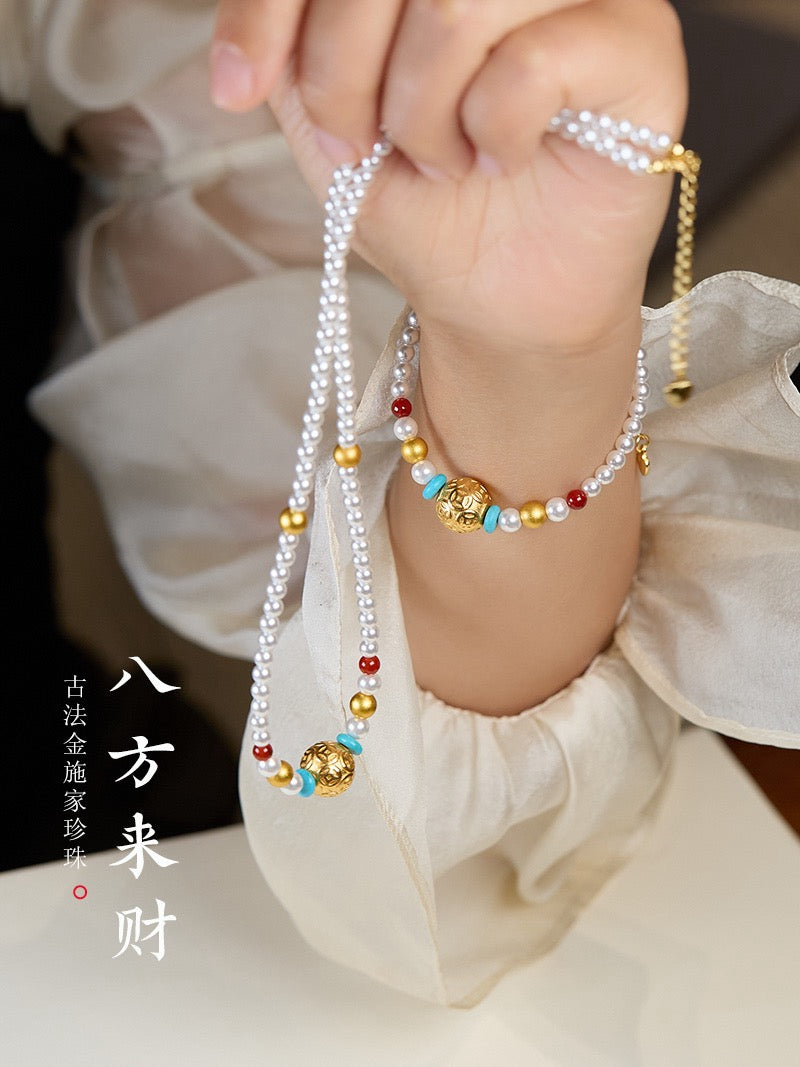 Fortune Coin Bead Series · 4mm Imitation Pearl with Ancient Sand-Gold & Red Agate bracelet/necklace