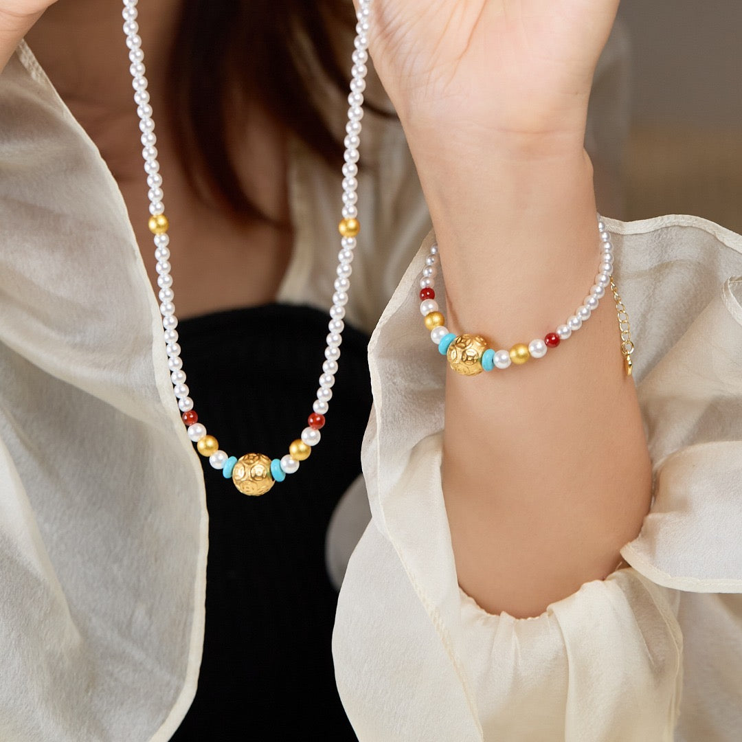 Fortune Coin Bead Series · 4mm Imitation Pearl with Ancient Sand-Gold & Red Agate bracelet/necklace