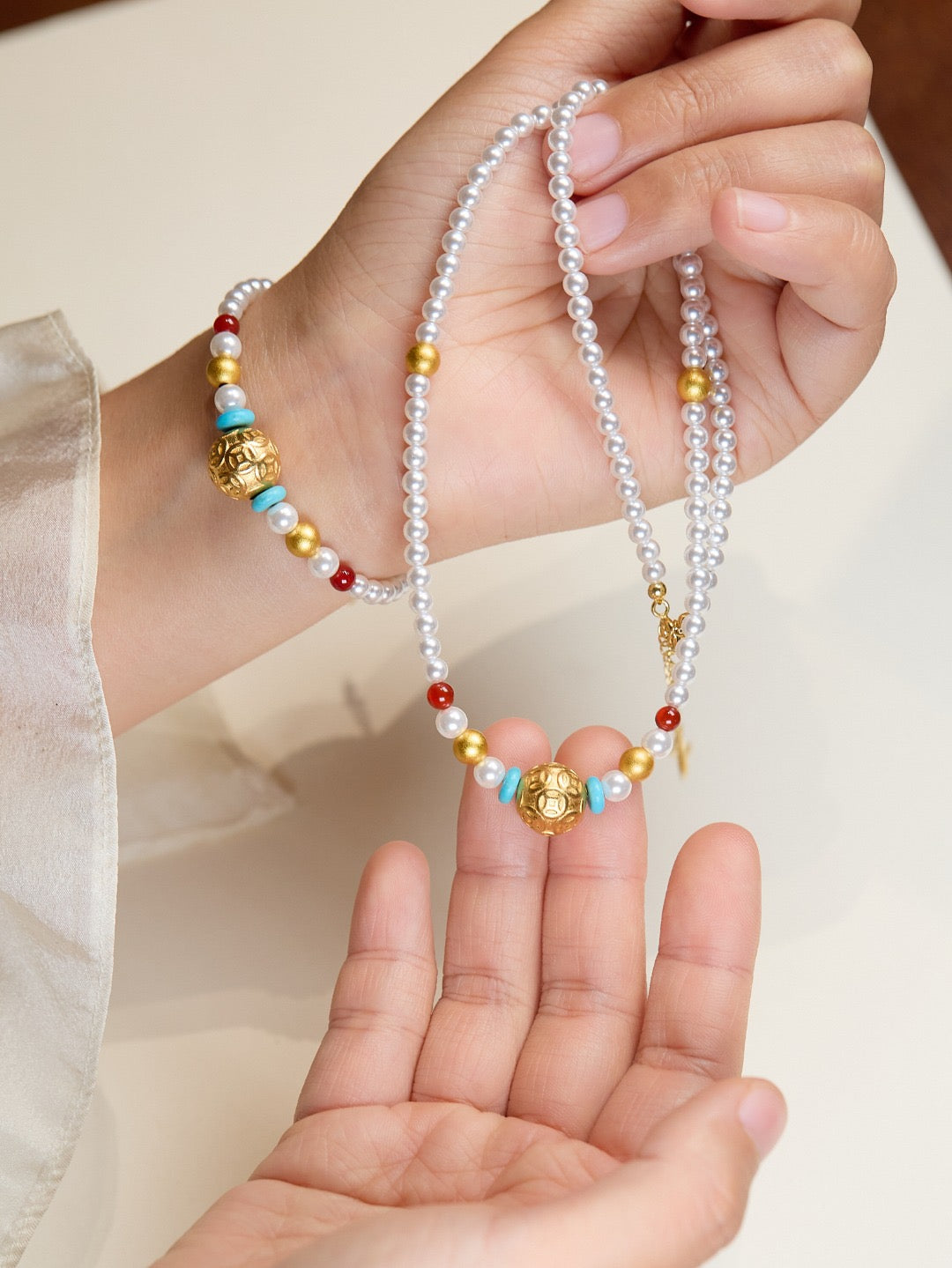 Fortune Coin Bead Series · 4mm Imitation Pearl with Ancient Sand-Gold & Red Agate bracelet/necklace