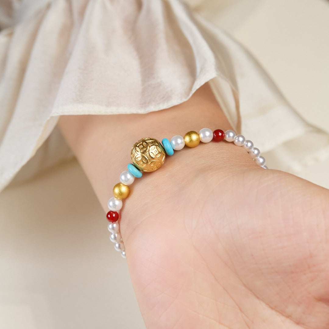 Fortune Coin Bead Series · 4mm Imitation Pearl with Ancient Sand-Gold & Red Agate bracelet/necklace