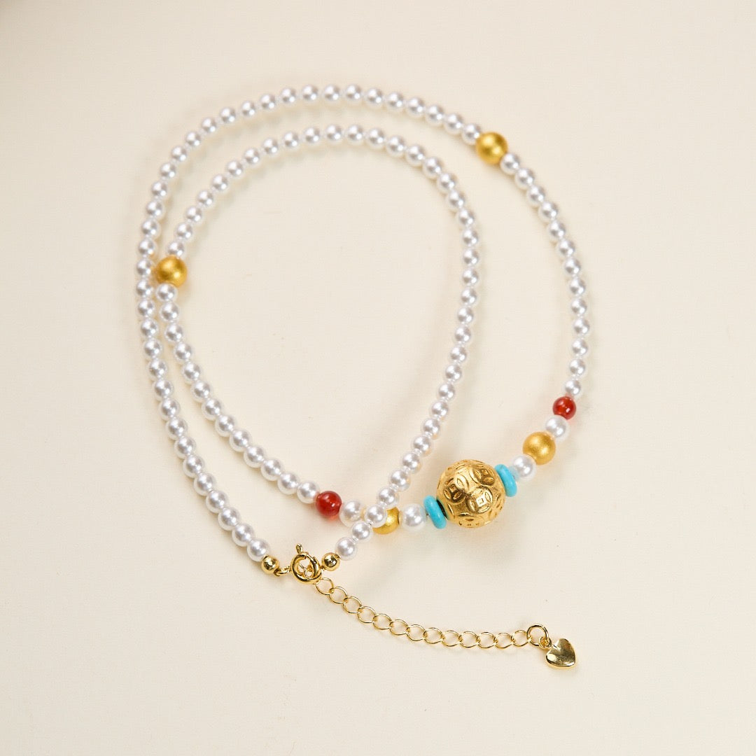Fortune Coin Bead Series · 4mm Imitation Pearl with Ancient Sand-Gold & Red Agate bracelet/necklace