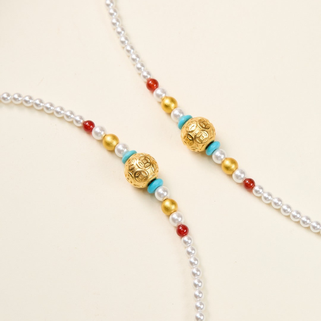 Fortune Coin Bead Series · 4mm Imitation Pearl with Ancient Sand-Gold & Red Agate bracelet/necklace