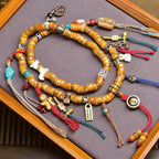 Tibetan Yak Bone Mala – 108 Beads Prayer Necklace with Barrel Beads, Agate & Dzi Beads Accents