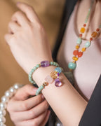 Multi-Gemstone & Jade Double-Layer Bracelet | Rose Quartz, Aquamarine, Citrine & Amethyst with Lucky Charm