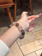 Smoky Quartz, Agarwood, Clear Quartz & Gold-Foil Resin Flower Crystal Bracelet | 12–13mm