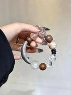 “Moon&Wood” Bracelet | Agarwood, White Quartz & Multi-Layer Phantom Quartz 12–15mm