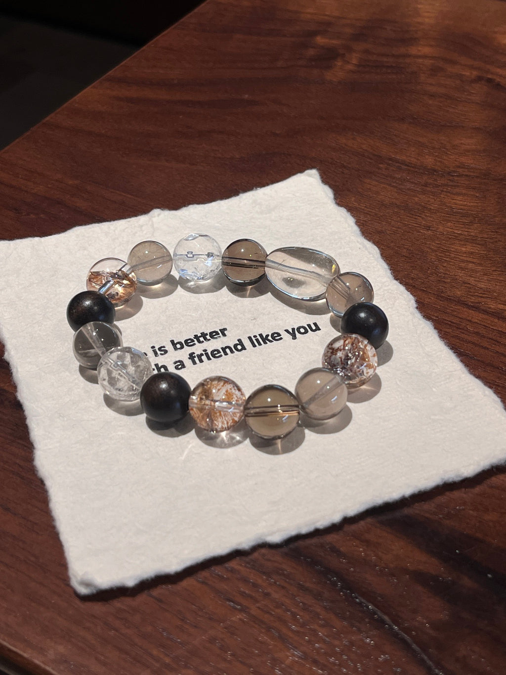 Smoky Quartz, Agarwood, Clear Quartz & Gold-Foil Resin Flower Crystal Bracelet | 12–13mm