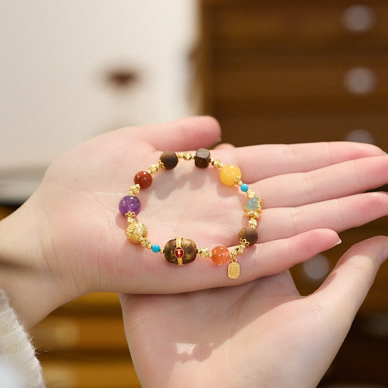 Multi-Gemstone Braided Bracelet | 925 Gold-Plated Silver, Amber, Turquoise & Carnelian