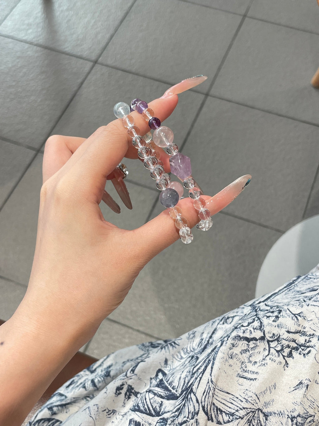 Snow Sakura Crystal Bracelet | Amethyst, Fluorite, Rose Quartz & Aquamarine | 6–12mm Beads