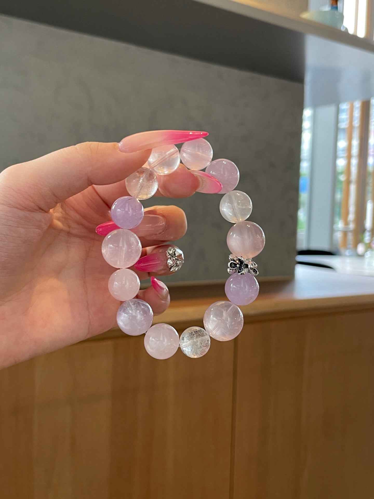 Violet Rain – Amethyst, Rose Quartz & White Phantom Quartz Bracelet