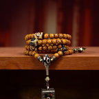 108 Natural Aged Rudraksha Mala Beads – Agate Three-Eye Dzi Pendant for Meditation & Prayer