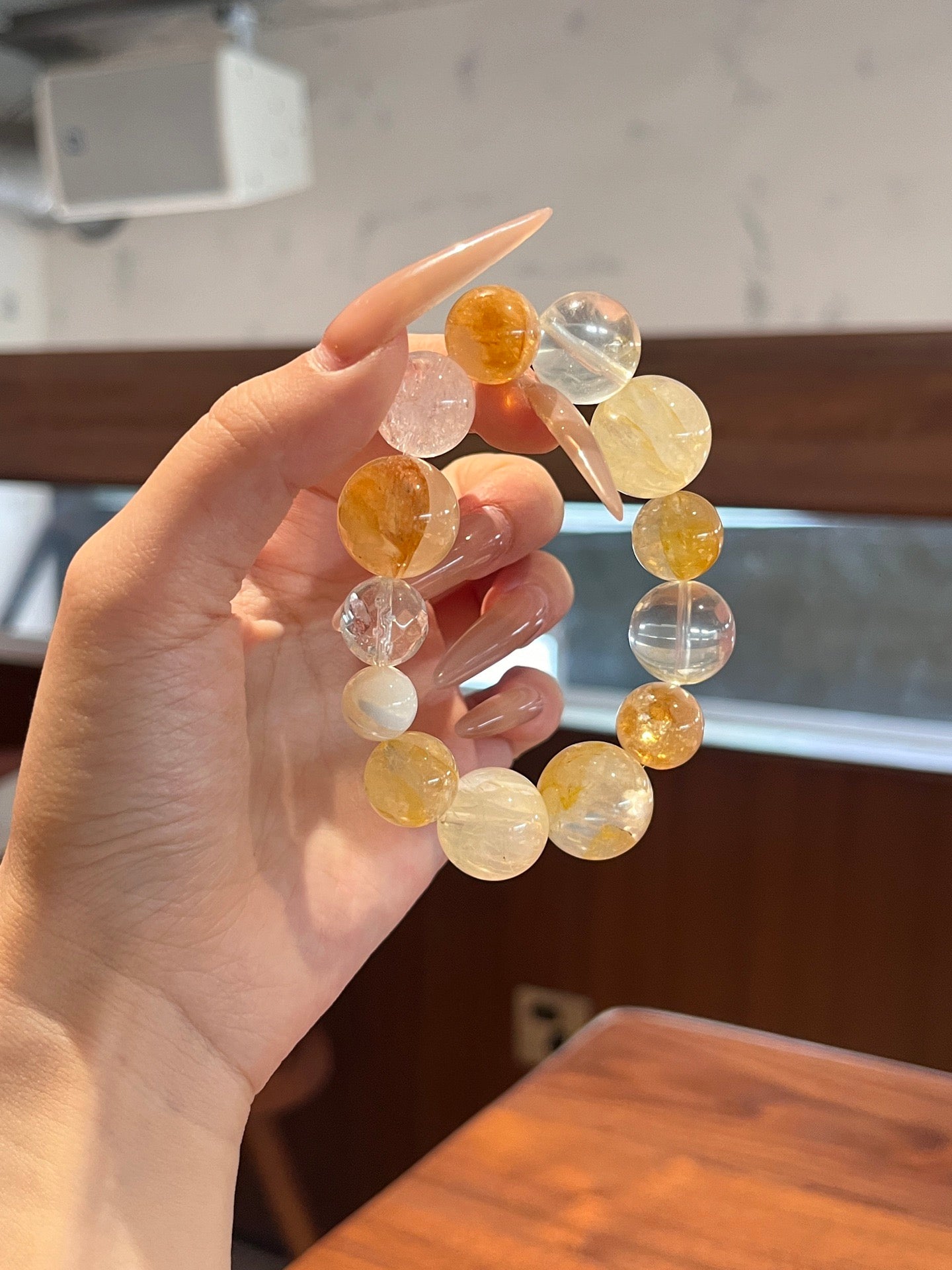 Autumn Vibe Crystal Bracelet | Golden Resin Flower, White Phantom, White Agate, Yellow Tower Quartz, Clear Quartz & White Shell Pearl | 10–18mm