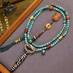 Nine-Eye Dzi Pendant Necklace – Natural Agate Tibetan Prayer Beads with Wealth Dzi, Bone & Turquoise
